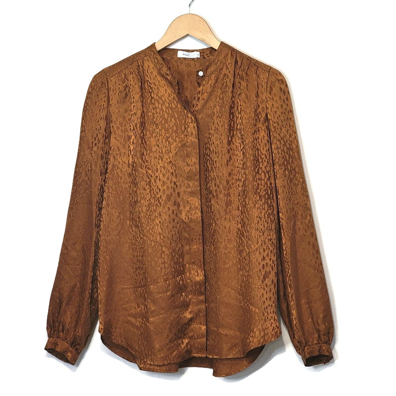 Alc Silk Animal Print Blouse Mandarin Collar Long Sleeve Chic Button Down Work 8
